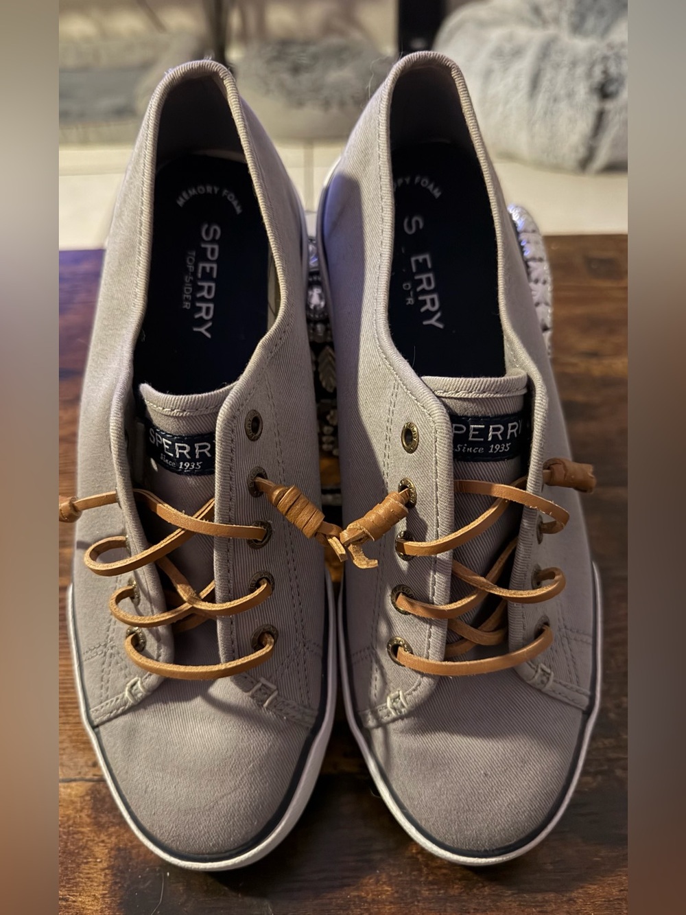 Sperry women's Light Gray Canvas Boat Sneakers with Tan Laces